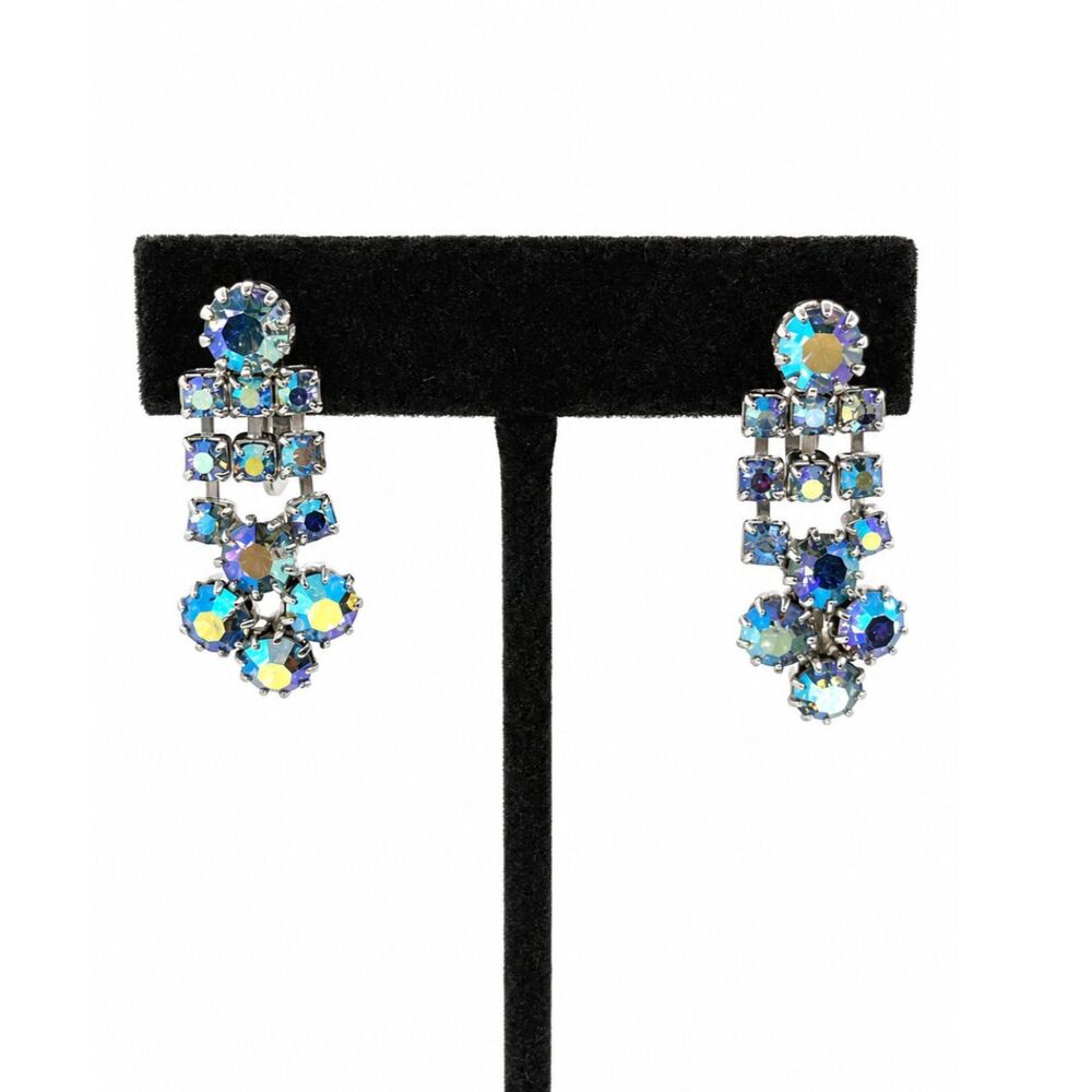 VINTAGE TRIFARI EARRINGS Blue Aurora Borealis Rhinestone Clip On Dangle MCM